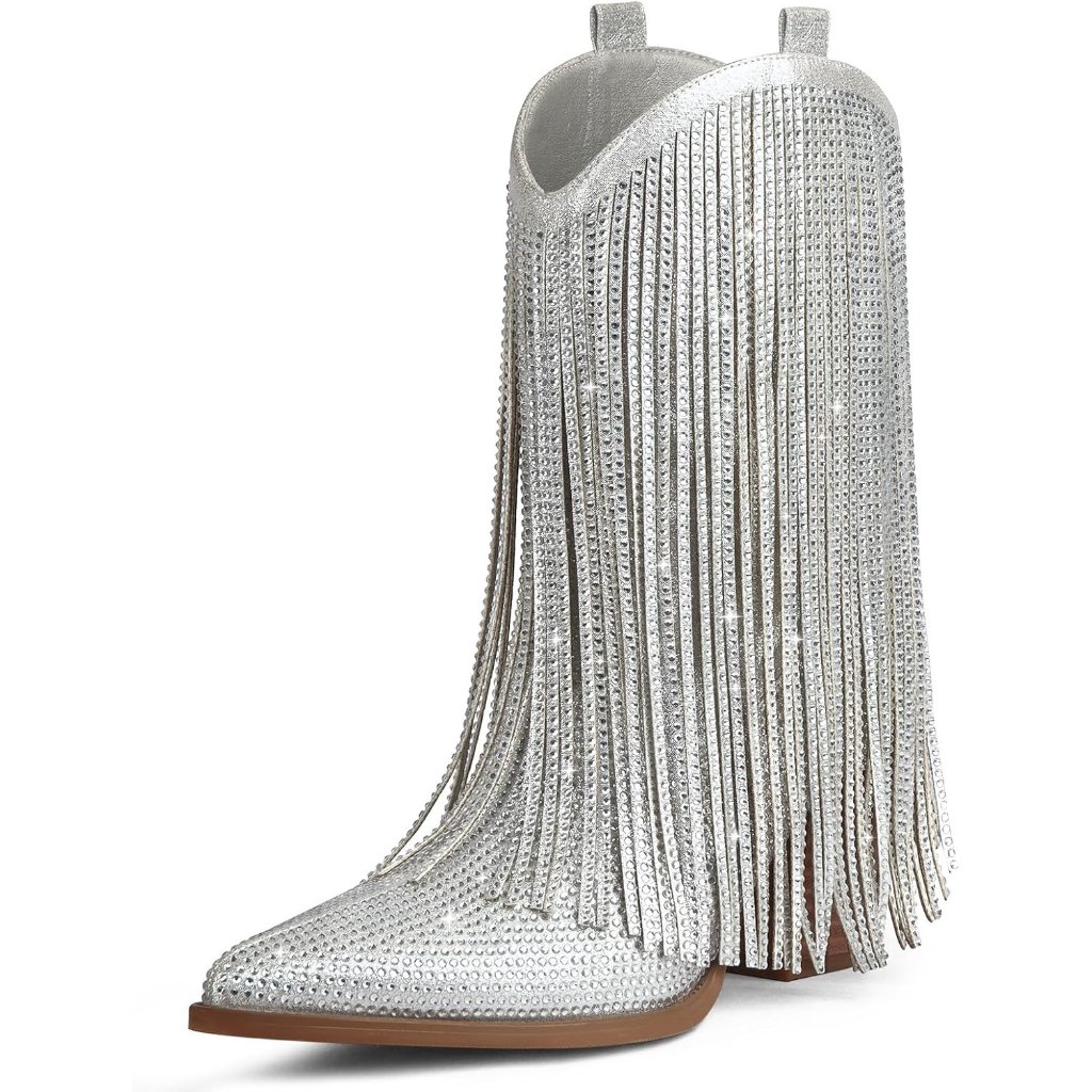 Women's Silver Ankle Boots Western Rhinestone Sparkly Fringe Chunky Heel